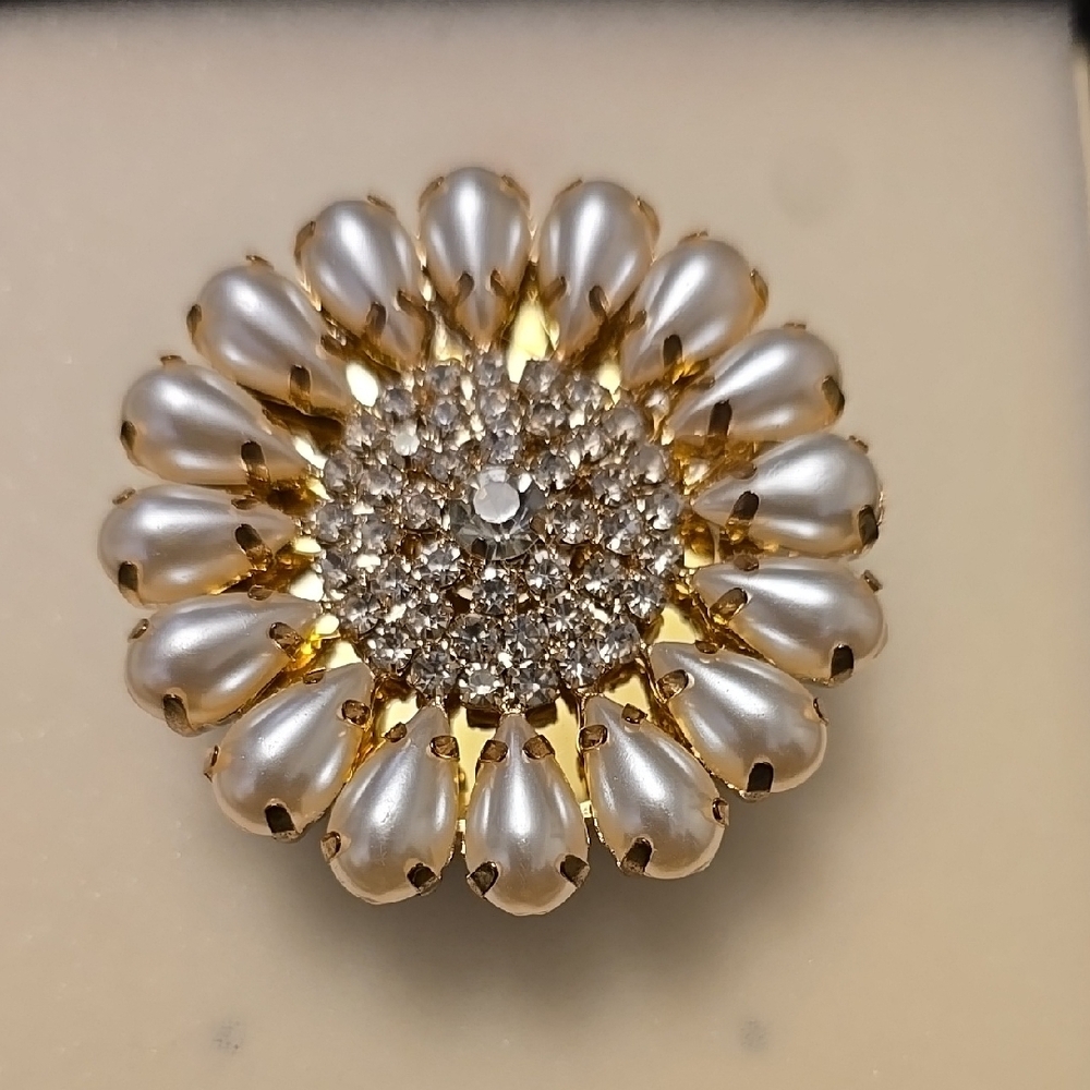 Gold and Silver Sunburst Brooch with Pearl Accents